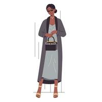 jung schön Karikatur Mode Modell- afrikanisch amerikanisch Frau posieren. Vektor isoliert eben Mädchen im ein Kleid und Mantel mit Handtasche. elegant Dame Geschäftsfrau.