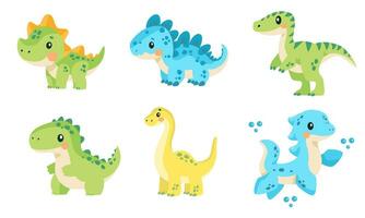ein einstellen von Super süß Vektor Kinder- Illustrationen. süß Grün Dinosaurier auf Weiß Hintergrund, Blau Wasser- Dinosaurier mit Flossen