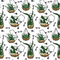 einstellen von schön Innen- und draussen Terrarien mit Blumen, Schlösser mit Schlüssel auf ein Weiß. Vektor Illustration von ein Glas Florarium von verschiedene geometrisch Formen mit Sukkulenten, Kakteen, Aloe Vera, Steine