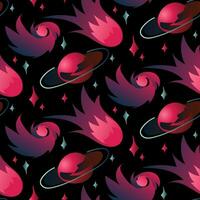 Vektor Raum nahtlos Muster. Karikatur Raum Textur mit ein Planet, ein fliegend feurig Asteroid und ein Raum Trichter und Sterne im Rosa Farben auf ein schwarz Hintergrund. Raum Abenteuer