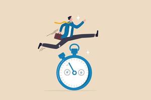 Dringlichkeitsgefühl, schnelle Reaktionsfähigkeit, um die Arbeit jetzt so schnell wie möglich zu erledigen, Reaktion auf eine vorrangige Aufgabe oder ein wichtiges Konzept, schneller Geschäftsmann, der läuft und hoch über die Countdown-Timer-Uhr springt. vektor