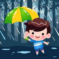 kleiner Junge versteckt sich während des Regens unter einem Regenschirm vektor