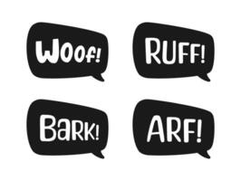 Hund Rinde Tier Klang bewirken Text im ein Rede Blase Ballon Silhouette Clip Art Satz. süß Karikatur Lautmalerei Comics und Beschriftung. vektor