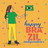 glückliche Frau, die eine Flagge des brasilianischen Unabhängigkeitstages hält vektor