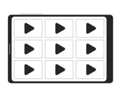 Tablette Computer mit Streaming Plattform schwarz und Weiß 2d Linie Karikatur Objekt. Filme, Kanäle Video Tablette Bildschirm isoliert Vektor Gliederung Artikel. Uhr Serie monochromatisch eben Stelle Illustration
