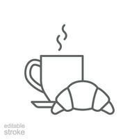 Kaffee und Croissant Symbol. einfach Gliederung Stil. brot, Gebäck, Halbmond, Essen und trinken Konzept. dünn Linie Symbol. Vektor Illustration isoliert. editierbar Schlaganfall.