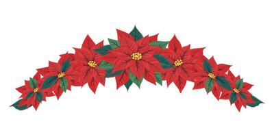 båge tillverkad av röd jul eller ny år julstjärna blomma. isolerat blommig dekor för hälsning kort design, inbjudan, Semester bakgrund. vektor illustration.