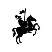 svart silhuett av en riddare ridning en häst bärande en spjut, och skydda. medeltida armerad krigare med symbol på hästryggen. vektor illustration