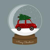 ny år dekoration glas snö klot med röd bil med träd på de topp. glad jul baner för högtider. vektor