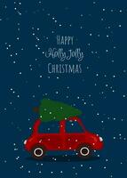 Semester hälsning kort med röd bil och vintergröna. säsong- ny år affisch. Lycklig järnek glad jul illustration vektor