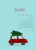 kalender för de månad av december markant med jul och ny år datum. illustration med en bil och en träd på de tak vektor