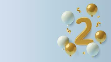 2 år födelsedag och andra årsdag 3d bakgrund med stor guld siffra två, flygande ballonger, lockigt band och kopia Plats. realistisk tre dimensionell vektor illustration.