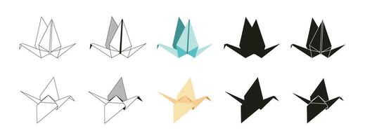 Origami Kran gefaltet Papier Formen. eben Illustration Satz. Linie, Grafik, Farbe und schwarz Silhouette Symbol vektor