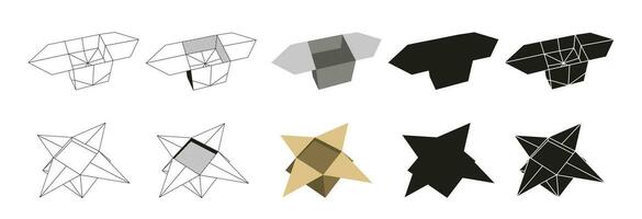 Origami Box gefaltet Papier Formen. eben Illustration Satz. Linie, Grafik, Farbe und schwarz Silhouette Symbol vektor