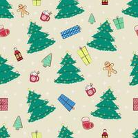 sömlös mönster med platt jul träd, gåvor, pepparkaka, snö klot, kakao mugg, lykta lampa. tryckt omslag papper. ny år förpackning dekor. vektor