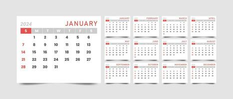 en gång i månaden kalender mall för 2024 år med minimalistisk stil vektor