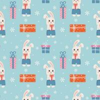 Winternahtloses Muster mit Häschen, Geschenken und Schneeflocken. perfekt für Geschenkpapier, Grußkarten und saisonales Design. vektor