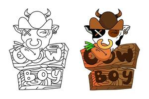 tecknad serie logotyp av en ko äter gräs med en skylt. Västra ko emblem med cowboy hatt. t skjorta design isolerat bakgrund vektor