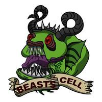 Illustration von ein gehörnt Grün Sumpf Monster- mit Scharf Reißzähne. Monster- Thema Design zum T-Shirt vektor