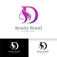bokstaven d skönhet logotyp design. kvinna ansikte siluett vektor