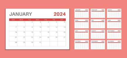 modern und einfach Vektor 2024 Kalender. minimal 2024 Kalender Vorlage. Mauer vierteljährlich Kalender Vorlage zum 2024. Woche beginnt Sonntag korporativ Design Planer Vorlage.