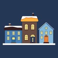 en uppsättning små söta hus med ett ljust tak i snön, ljus i fönstren och skorstenarna. god juldekorationer för nyår och jul. vinter och festligt inslag vektor