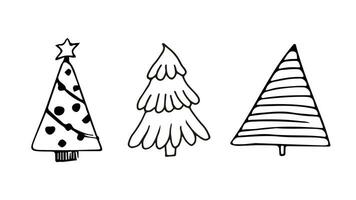 jul träd ikoner uppsättning. enkel klotter hand teckning redigerbar illustration. svart kontur av gran på vit bakgrund vektor