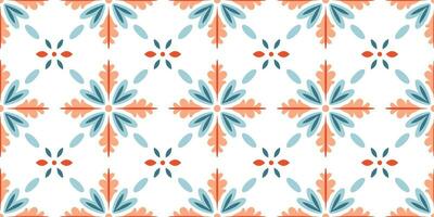 scandinavian stil bricka i blå och orange färger. etnisk vektor sömlös blommig mönster. abstrakt fyrkant geometrisk swatch för omslag papper, inomhus- dekor, eller tyg