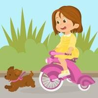 liten flicka på cykel och valp löpning utomhus- vektor