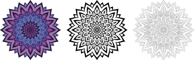 samling av lila chakra mandala dekorativ dekoration mönster vektor. uppsättning av isolerat skära ut afrikansk blommig henna mönster i svart och vit översikt för färg bok. vektor