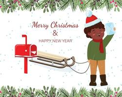 schwarz Junge halten ein Brief zu Santa claus und ziehen ein Schlitten. fröhlich Weihnachten und glücklich Neu Jahr Karte vektor