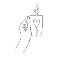 einer kontinuierlich Linie Zeichnung von Hand halten ein Tasse. heiß Kaffee oder Tee Konzept. großartig zum drucken, Speisekarte, Postkarte, Einladung, Werbung. skizzieren, Linie Kunst. minimalistisch Stil. Vektor Illustration