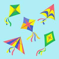 uppsättning av annorlunda geometrisk drakar. skön färgrik enheter tillverkad av papper och kartong. vind flygande leksak för ungar, sommar spel. vektor illustration i tecknad serie stil