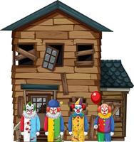 läskiga clowner som står framför ett övergivet hus vektor