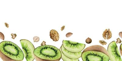 Hand gezeichnet Aquarell geschnitten Kiwi Obst und Nüsse mischen zum Diät, gesund Lebensstil, vegan Kochen. Illustration nahtlos Rand isoliert auf Weiß Hintergrund. Design Poster, drucken, Webseite, Karte, Speisekarte vektor