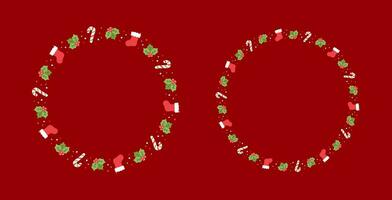 runden Weihnachten Rahmen Rand Satz, Winter Urlaub Grafik. süß Mistel, Santa Strumpf und Süßigkeiten Stock Muster, Karte und Sozial Medien Post Vorlage Vektor Illustration.