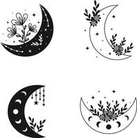 himmlisch Mond Dekoration mit Blumen, Blätter, Sterne Ornamente. Halbmond Mond. isoliert auf Weiß Hintergrund. Vektor Illustration Satz.