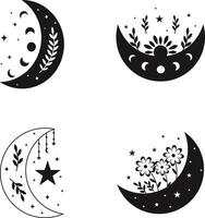 himmlisch Mond Dekoration mit Blumen, Blätter, Sterne Ornamente. Halbmond Mond. isoliert auf Weiß Hintergrund. Vektor Illustration Satz.