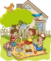 Illustration von Kinder genießen ein Picknick im Vorderseite von ihr Zuhause vektor