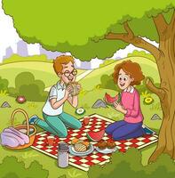 jung Paar haben Picknick im das Park. Vektor Illustration im Karikatur Stil.