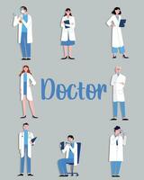Front Gesundheit Helden, Illustration von Arzt und Krankenschwester Figuren. Arzt im Weiß und Blau Kleidung. Vektor