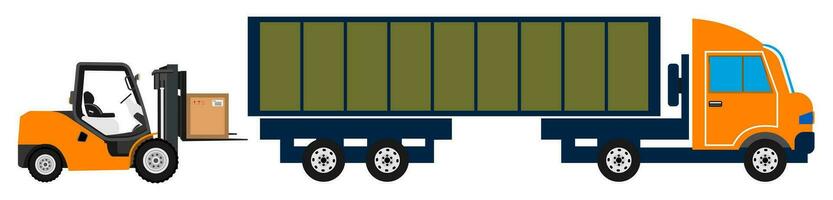 gaffeltruck läser in lastpall lådor in i lastbil. logistik begrepp. vektor illustration isolerat på vit bakgrund. eps10