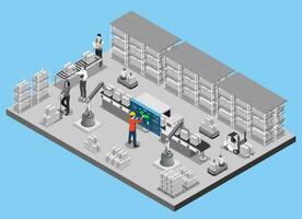 3d isometrisch automatisiert Warenhaus Roboter und Clever Warenhaus Technologie Konzept mit Warenhaus Automatisierung System, autonom Roboter, Transport Betrieb Service. Vektor Illustration eps 10