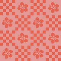 söt y2k patchwork sömlös mönster bakgrund, korall rosa checkerboard och hand dragen hibiskus blomma ikon. modern, trendig vektor design, estetisk skriva ut för textil, tapet. sommar bakgrund.