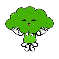 broccoli håller på med yoga karaktär. vektor hand dragen traditionell tecknad serie årgång, retro, söt karaktär illustration ikon. isolerat på vit bakgrund. broccoli koppla av karaktär