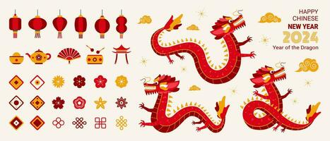 Chinesisch Neu Jahr Design Elemente, einstellen von dekorativ Zeichnungen im ein eben Stil mit Symbole von traditionell Chinesisch Urlaub mit Laternen, Drachen, Blumen und Objekte. Vektor Illustration.