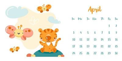 kalender för april 2022 med söta tecknade tigrar och fjärilar vektor
