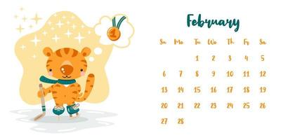 Kalender für Februar 2022 mit niedlichem Cartoon-Tiger-Hockey-Spieler vektor