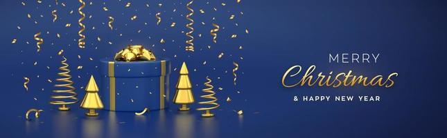 Weihnachtsbanner. Komposition aus Geschenkbox mit goldener Schleife und goldener metallischer Kiefer, Fichten. Kegelform Bäume des neuen Jahres. Weihnachtshintergrund, Grußkarte, Kopfzeile. Vektor realistische 3D-Darstellung.