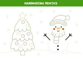 spårande rader för barn med söt snögubbe och jul träd. skrivning öva. vektor